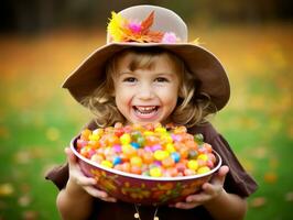 Kid in Halloween costume holding a bowl of candy with mischievous grin AI Generative photo