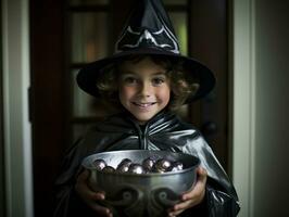 Kid in Halloween costume holding a bowl of candy with mischievous grin AI Generative photo