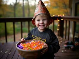 niño en Víspera de Todos los Santos disfraz participación un cuenco de caramelo con dañoso mueca ai generativo foto