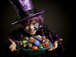 Kid in Halloween costume holding a bowl of candy with mischievous grin AI Generative photo