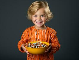 Kid in Halloween costume holding a bowl of candy with mischievous grin AI Generative photo