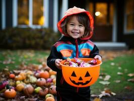 Kid in Halloween costume holding a bowl of candy with mischievous grin AI Generative photo