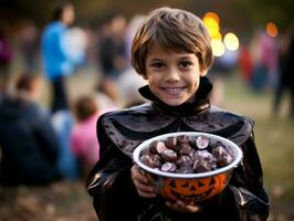 Kid in Halloween costume holding a bowl of candy with mischievous grin AI Generative photo