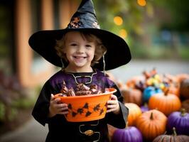 Kid in Halloween costume holding a bowl of candy with mischievous grin AI Generative photo