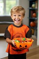 Kid in Halloween costume holding a bowl of candy with mischievous grin AI Generative photo