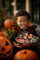 Kid in Halloween costume holding a bowl of candy with mischievous grin AI Generative photo