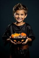 Kid in Halloween costume holding a bowl of candy with mischievous grin AI Generative photo