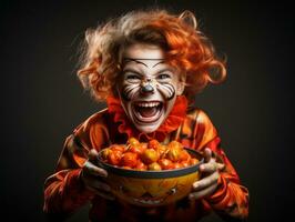 Kid in Halloween costume holding a bowl of candy with mischievous grin AI Generative photo