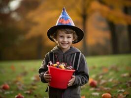 Kid in Halloween costume holding a bowl of candy with mischievous grin AI Generative photo