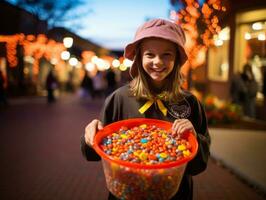 Kid in Halloween costume holding a bowl of candy with mischievous grin AI Generative photo