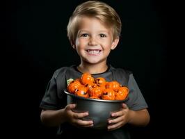 Kid in Halloween costume holding a bowl of candy with mischievous grin AI Generative photo