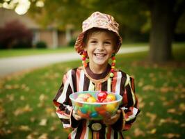 Kid in Halloween costume holding a bowl of candy with mischievous grin AI Generative photo