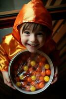 Kid in Halloween costume holding a bowl of candy with mischievous grin AI Generative photo