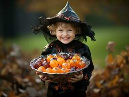 Kid in Halloween costume holding a bowl of candy with mischievous grin AI Generative photo