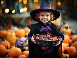 Kid in Halloween costume holding a bowl of candy with mischievous grin AI Generative photo