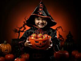 Kid in Halloween costume holding a bowl of candy with mischievous grin AI Generative photo