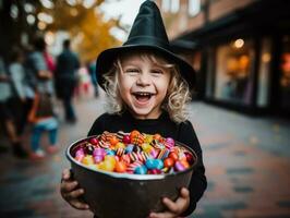 Kid in Halloween costume holding a bowl of candy with mischievous grin AI Generative photo