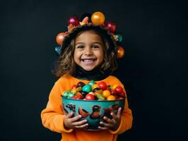 Kid in Halloween costume holding a bowl of candy with mischievous grin AI Generative photo