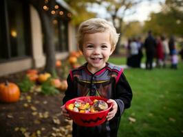 Kid in Halloween costume holding a bowl of candy with mischievous grin AI Generative photo