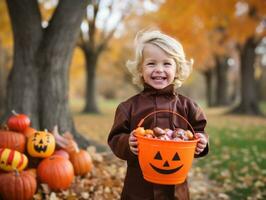 Kid in Halloween costume holding a bowl of candy with mischievous grin AI Generative photo