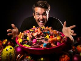 Man in Halloween costume holding a bowl of candy with mischievous grin AI Generative photo