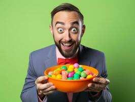 Man in Halloween costume holding a bowl of candy with mischievous grin AI Generative photo
