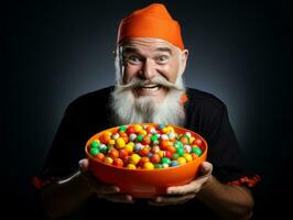 Man in Halloween costume holding a bowl of candy with mischievous grin AI Generative photo