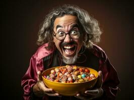 Man in Halloween costume holding a bowl of candy with mischievous grin AI Generative photo