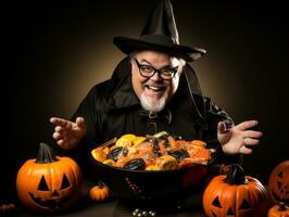 Man in Halloween costume holding a bowl of candy with mischievous grin AI Generative photo