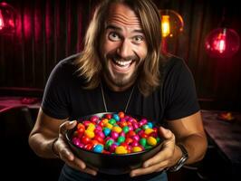 Man in Halloween costume holding a bowl of candy with mischievous grin AI Generative photo