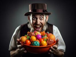 Man in Halloween costume holding a bowl of candy with mischievous grin AI Generative photo