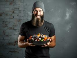 Man in Halloween costume holding a bowl of candy with mischievous grin AI Generative photo