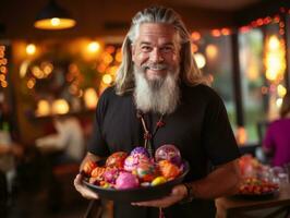 Man in Halloween costume holding a bowl of candy with mischievous grin AI Generative photo