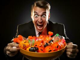 Man in Halloween costume holding a bowl of candy with mischievous grin AI Generative photo