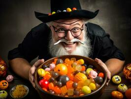 Man in Halloween costume holding a bowl of candy with mischievous grin AI Generative photo