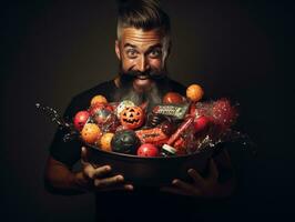 Man in Halloween costume holding a bowl of candy with mischievous grin AI Generative photo