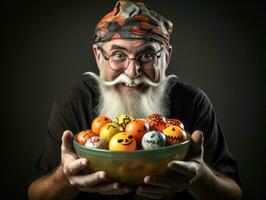 Man in Halloween costume holding a bowl of candy with mischievous grin AI Generative photo