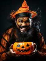 Man in Halloween costume holding a bowl of candy with mischievous grin AI Generative photo