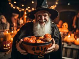 Man in Halloween costume holding a bowl of candy with mischievous grin AI Generative photo