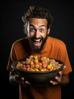 Man in Halloween costume holding a bowl of candy with mischievous grin AI Generative photo