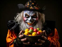 Man in Halloween costume holding a bowl of candy with mischievous grin AI Generative photo