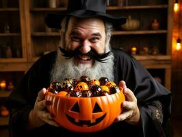 Man in Halloween costume holding a bowl of candy with mischievous grin AI Generative photo
