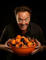 Man in Halloween costume holding a bowl of candy with mischievous grin AI Generative photo