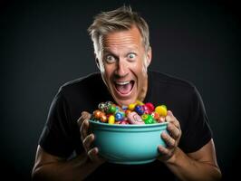 Man in Halloween costume holding a bowl of candy with mischievous grin AI Generative photo