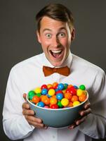 Man in Halloween costume holding a bowl of candy with mischievous grin AI Generative photo