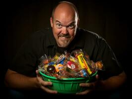 Man in Halloween costume holding a bowl of candy with mischievous grin AI Generative photo