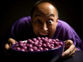 Man in Halloween costume holding a bowl of candy with mischievous grin AI Generative photo