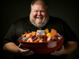 Man in Halloween costume holding a bowl of candy with mischievous grin AI Generative photo