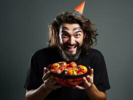 Man in Halloween costume holding a bowl of candy with mischievous grin AI Generative photo