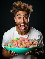 Man in Halloween costume holding a bowl of candy with mischievous grin AI Generative photo